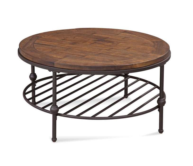 Bassett Mirror Company Belgian Luxe Emery Round Cocktail Table in Rustic Barnside image